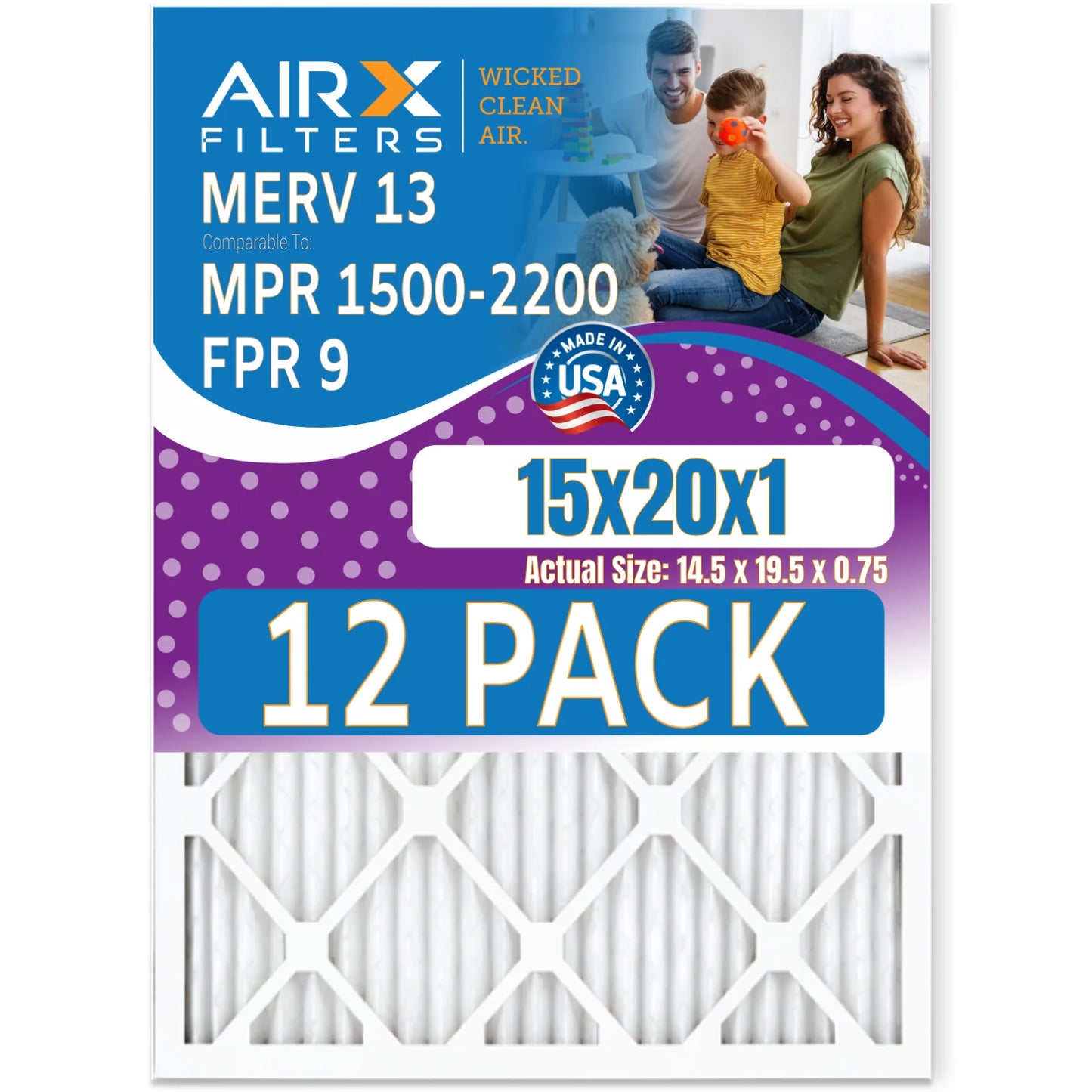 & FILTERS Filter CLEAN Made Comparable in of Air to - FPR Furnace AIRX WICKED - 12 USA 1500 by 15x20x1 Pack 9 13 MPR 2200 MERV AIR. Rating, Filters